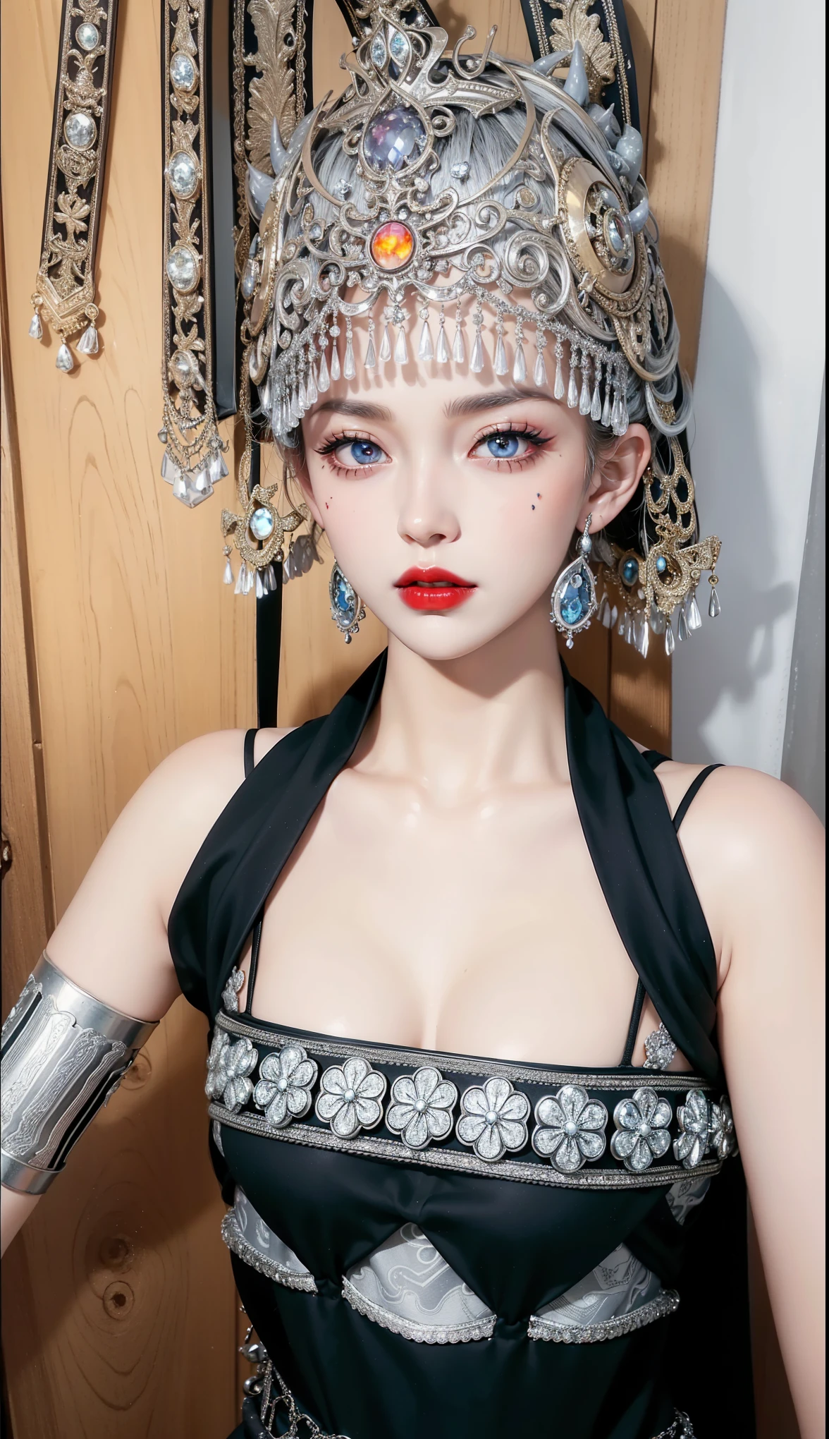 Detailed image quality,Witch Pandora,wing, Succubus Theme,堕落Angel,Excellent,scary,Secret Terror,Tentacles,With eyes,Uncanny Valley Effect,Beast Blood Moon,skeleton,vampire,Hellfire,Dark Queen,Angel,magician magic witch,Angel,Eyes are blue(Pupils as deep as the starry sky),Gorgeous tattoo designs all over the body,Surreal photos(8K picture quality,Rich in details),Dark eyeshadow,Sexy thick lips(Red lipstick),Tattoo designs on body,Dark Queen,Wear luxurious gold jewelry,Sparkling diamond gemstone,Exquisite and luxurious silver crown