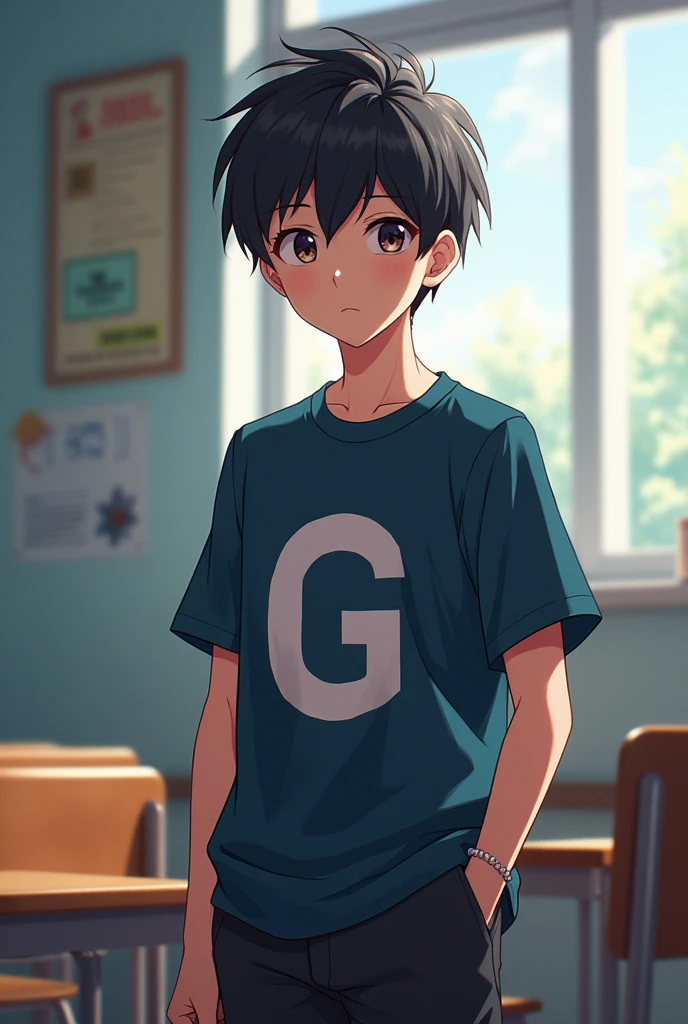 A school student anime boy is sitting with his desk on one side and has 'G' written on his shirt