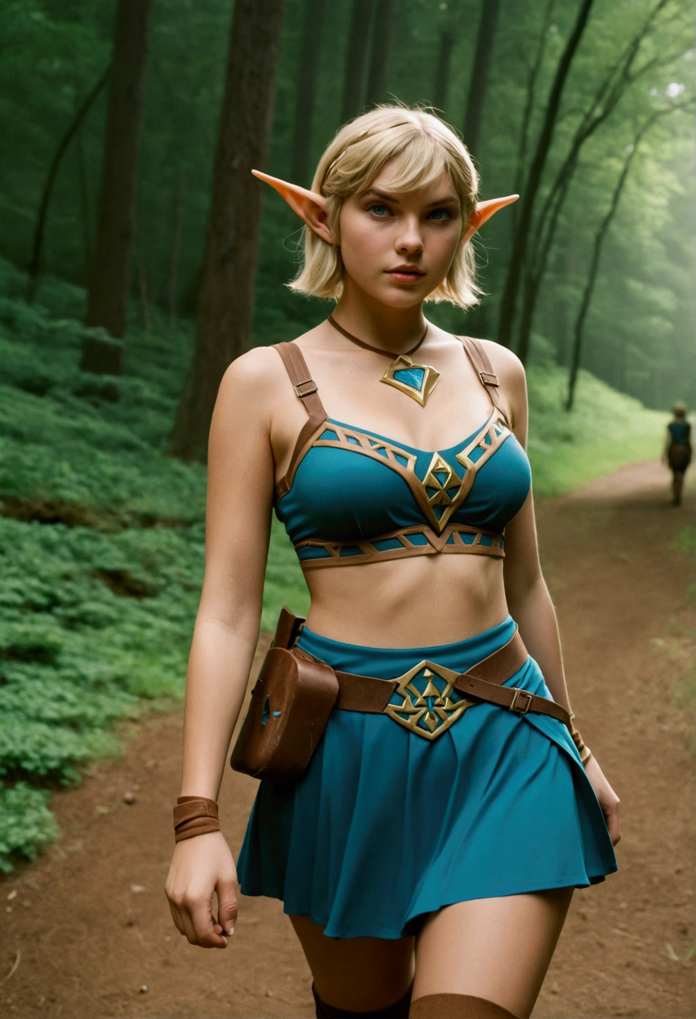 analog film photo, photo of a Hylian girl, elf ears, azure eyes, messy blonde bob cut, tan complexion, tall stature, voluptuous hourglass figure, full hips, plump round buttocks, wearing a bralette and a battle skirt, strolling through Hyrule's wilderness, resembles Taylorr Swift, RAW Photograph, dslr, soft lighting, high quality, film grain, Fujifilm XT3, detailed skin with visible pores, insane details, masterpiece, 8k, 35mm photograph, dslr, kodachrome, faded film, desaturated, grainy, vintage, Lomography, stained, highly detailed, found footage, close-up shot, elven ears