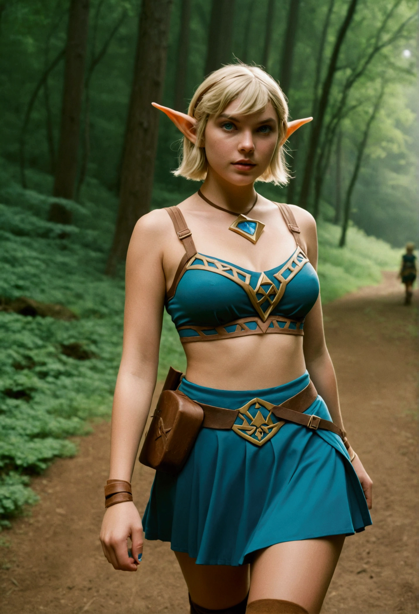 analog film photo, photo of a Hylian girl, elf ears, azure eyes, messy blonde bob cut, tan complexion, tall stature, voluptuous hourglass figure, full hips, plump round buttocks, wearing a bralette and a battle skirt, strolling through Hyrule's wilderness, resembles Taylorr Swift, RAW Photograph, dslr, soft lighting, high quality, film grain, Fujifilm XT3, detailed skin with visible pores, insane details, masterpiece, 8k, 35mm photograph, dslr, kodachrome, faded film, desaturated, grainy, vintage, Lomography, stained, highly detailed, found footage, close-up shot, elven ears