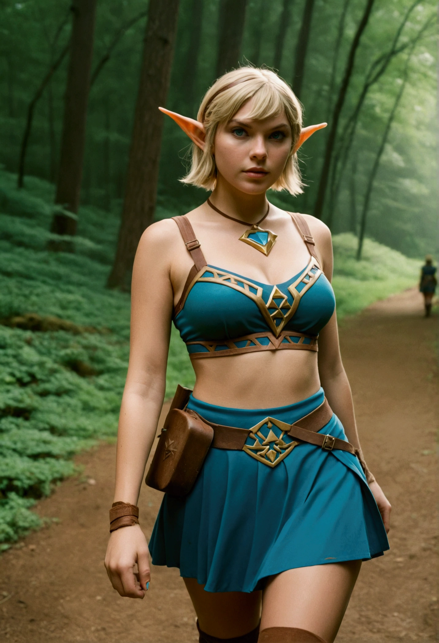 analog film photo, photo of a Hylian girl, elf ears, azure eyes, messy blonde bob cut, tan complexion, tall stature, voluptuous hourglass figure, full hips, plump round buttocks, wearing a bralette and a battle skirt, strolling through Hyrule's wilderness, resembles Taylorr Swift, RAW Photograph, dslr, soft lighting, high quality, film grain, Fujifilm XT3, detailed skin with visible pores, insane details, masterpiece, 8k, 35mm photograph, dslr, kodachrome, faded film, desaturated, grainy, vintage, Lomography, stained, highly detailed, found footage, close-up shot, elven ears