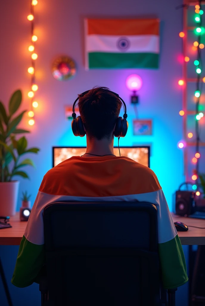 “A young man is in a gaming room fully decorated with Indian flags and tricolor-themed decoratives. He has the Indian flag draped over his shoulders and is wearing headphones, completely immersed in the festive spirit of Independence Day. The room is vibrant, with tricolor lights, banners, and streamers, creating an atmosphere of national pride and celebration. The gaming setup is sleek and modern, but the focus remains on the patriotic decorations and the sense of unity and joy in the scene.”
