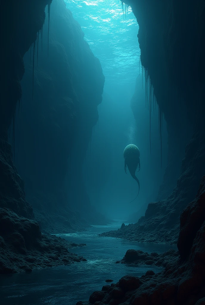 The abyssal zone is the deepest part of the ocean, which starts at approximately 4.000 meters deep. enviroment: It&#39;s a dark and cold environment. Sunlight does not reach this depth, then everything is shrouded in complete darkness. The temperatures are very low, usually around 2 to 4 degrees Celsius.

ground: The bottom of the abyssal zone is composed mainly of mud and fine sand. There may be features such as seamounts and deep valleys. The terrain is generally flat or slightly sloping.

fauna: The creatures that live there are adapted to the extreme pressure and lack of light.. This includes species such as the abyssal fish., the giant squid, and several species of bioluminescent invertebrates that emit their own light to attract prey or communicate.

atmosphere: To capture the feeling of vastness and isolation, the background should look vast and empty. Add a sense of pressure with dark blue and black tones.