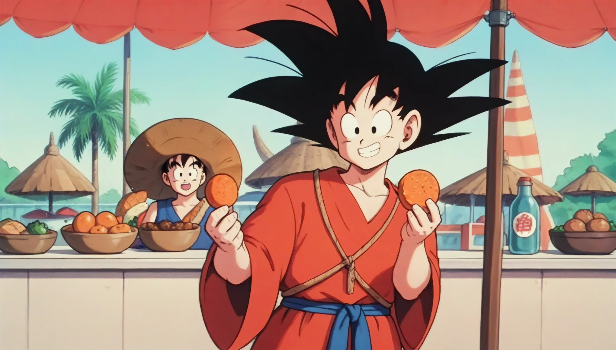 Son Goku, Old age, Black Hair, Iris, Spiked Hair, Jedi Robe, Food