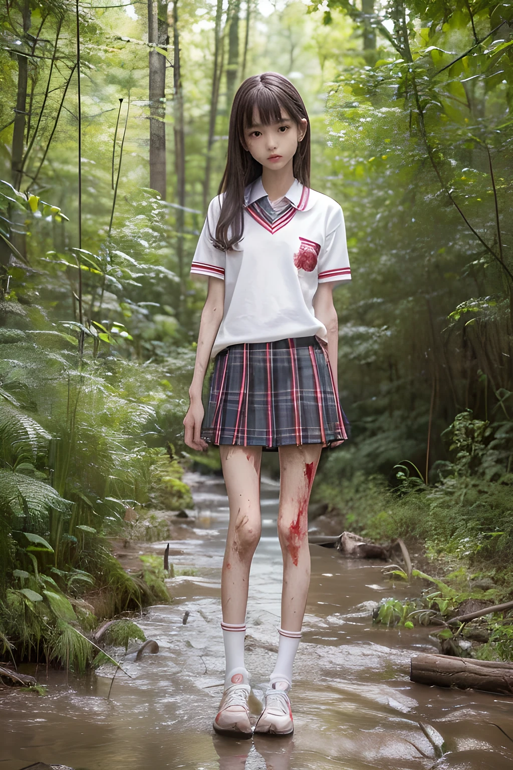 (8K、RAW Photos、highest quality、masterpiece:1.2), (Realistic、Photorealistic:1.2), (High resolution skin:1.1), Beautiful young girl,japanese, ,small breasts,(Slender girl:1.3),(Thin legs:1.4),plaid short skirt,school uniforms, (White socks), Short sleeve,sneakers, whole body,forest,standing,(muddy),(wounds,bloody legs:1.3)