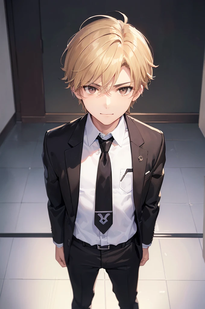 (((masterpiece; best quality: 1.2))), (detailed eyes: 1.3), ((1 male teen)), ((solo)), (brown eyes: 1.4), (body shape; lean, masculine, manly: 1.3), (short blond hair: 1.3), (clear background: 1.2), ((depth of field)), (equipment: male school uniform + black jacket + black necktie + white shirt: 1.3), (anime illustration: 1.2), (background composition; japanese highschool classroom + furniture: 1.1), (handsome: 1.1), (shot composition; standing + centered on face + close-up: 1.5), (facial expression; calm + smirk: 1.2)