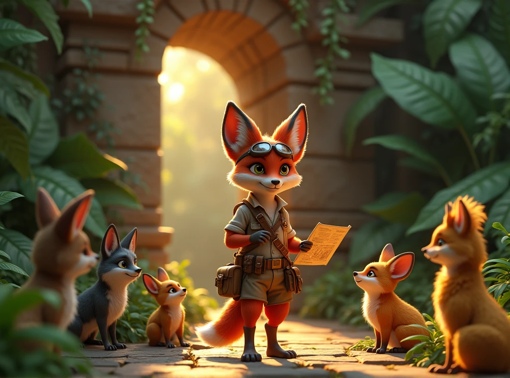{
  "prompt": "A clever, adventurous fox dressed in explorer’s gear, standing at the entrance of an ancient jungle temple. The fox, with a sly smile, is holding a map and speaking to a group of jungle animals gathered around, eager to hear its plan. The scene is bathed in warm, golden light filtering through the thick jungle foliage. 3D render, ultra HD quality."
}
