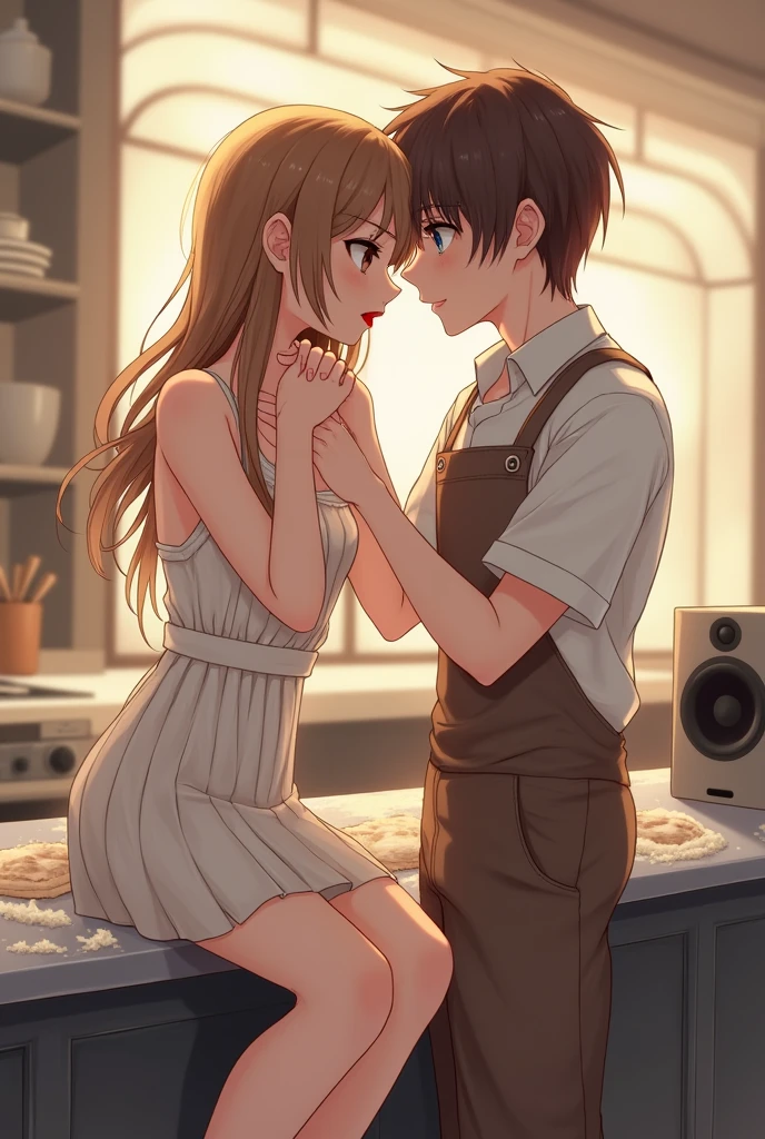 background an elegant kitchen with neutral colors, warm light. girl sitting on the kitchen bar with very light brown hair and brown eyes and red lips. Standing behind the counter while kneading flour from a bowl, brown haired boy with blue eyes behind her with his hands on top of her, both with their hands in the bowl while their face is pressed against the girl's neck, a small speaker next to the bar.