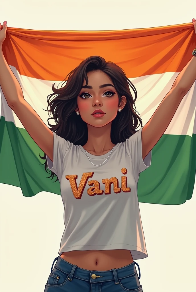A 19 years old beautiful girl is holding indian flag ,and she is wearing t-shirt with her name VANI (anime type)