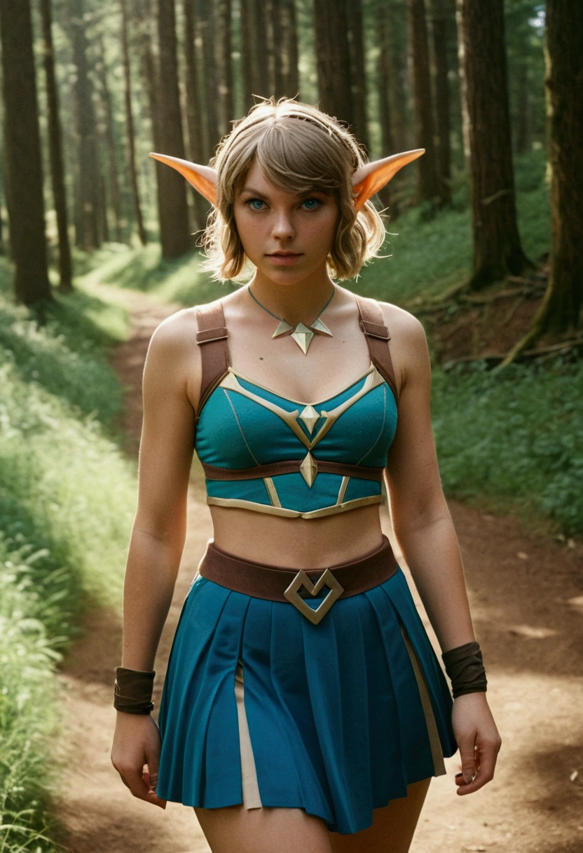analog film photo, photo of a Hylian girl, elf ears, azure eyes, messy blonde bob cut, tan complexion, tall stature, voluptuous hourglass figure, full hips, plump round buttocks, wearing a linen mini-dress, strolling through Hyrule's wilderness, resembles Princess Zelda, RAW Photograph, dslr, soft lighting, high quality, film grain, Fujifilm XT3, detailed skin with visible pores, insane details, masterpiece, 8k, 35mm photograph, dslr, kodachrome, faded film, desaturated, grainy, vintage, Lomography, stained, highly detailed, found footage, close-up shot, elven ears