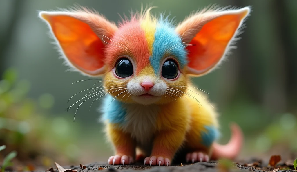 A cute small animal that doesn't exist in reality
Realistic fur
Large eyes and large ears
Real photo
Realistic fur
Very 
Colorful fur