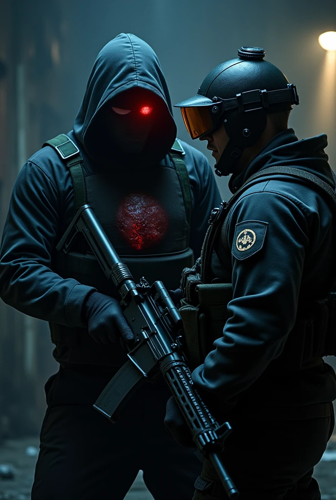 hooded man WHOSE FACE IS NOT VISIBLE, Only a red glow is visible from ONE of his eyes, he's wearing a black military uniform and has a large wound in his chest and a bulletproof vest., fighting against an elite soldier who is armed and has night vision goggles