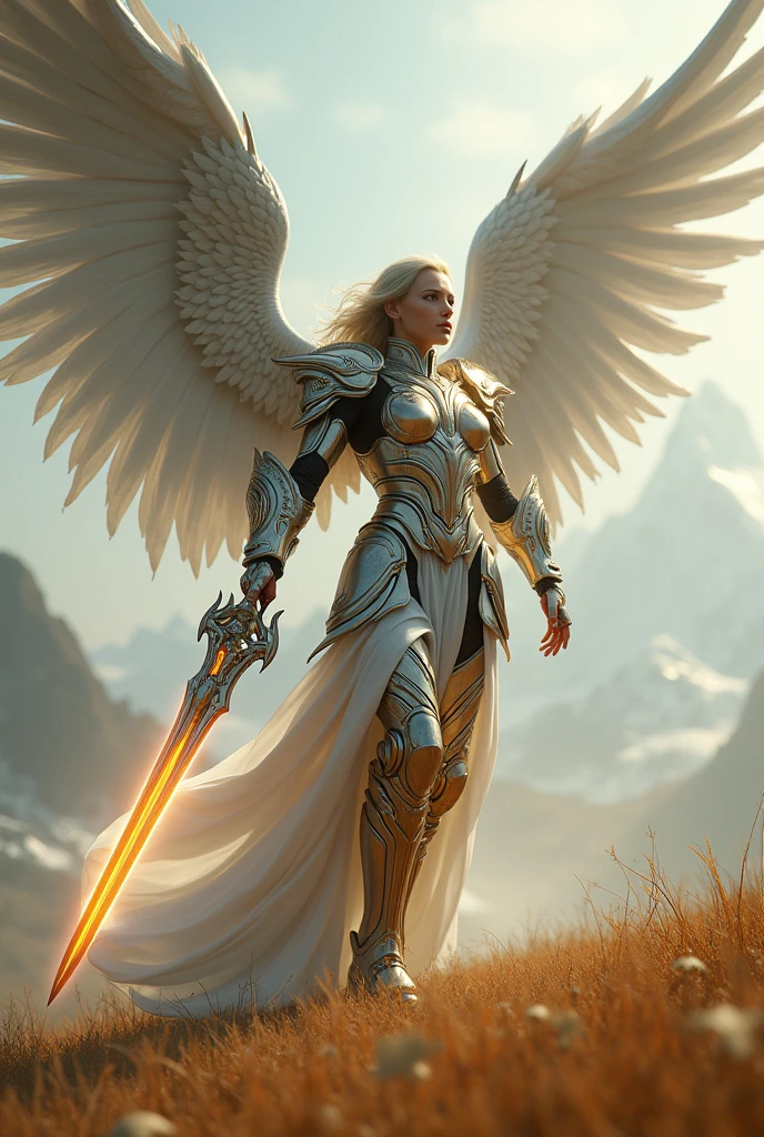 angel descending,archangel michael,fainal war effect,REAL - style image of a woman with a sword in a field, cyberpunk art inspired by Leng Mei, cgsociety contest winner, fantasy art, beautiful sexy angel girl, angel knight girl, as a mystical valkyrie, battle angel, angel in  mithril armor, mechanized valkyrie girl, unreal engine 4k wallpaper, wraith from apex legends, epic angel 4 wings