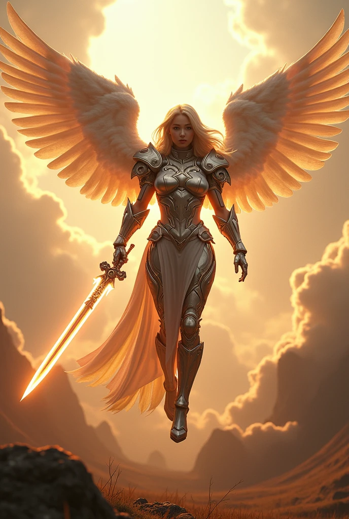 angel descending,archangel michael,fainal war effect,REAL - style image of a woman with a sword in a field, cyberpunk art inspired by Leng Mei, cgsociety contest winner, fantasy art, beautiful sexy angel girl, angel knight girl, as a mystical valkyrie, battle angel, angel in mithril armor, mechanized valkyrie girl, unreal engine 4k wallpaper, wraith from apex legends, epic angel 4 wings