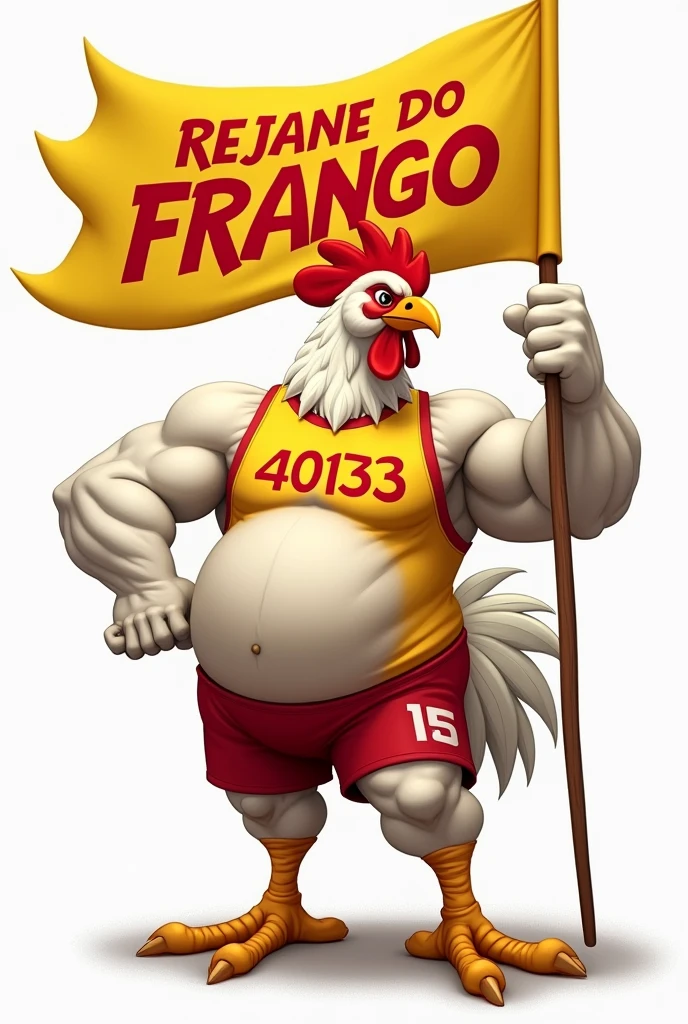 I want an image of a realistic drawing of a muscular white chicken, with a ripped abdomen, Grinning, wearing a yellow shirt with the number 40123 in red and red shorts, holding a large yellow flag with the name Rejane do Frango written in red