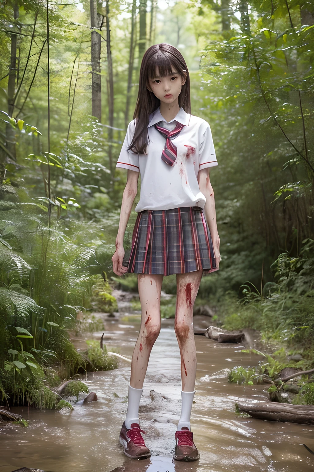 (8K、RAW Photos、highest quality、masterpiece:1.2), (Realistic、Photorealistic:1.2), (High resolution skin:1.1), Beautiful young girl,japanese, ,small breasts,(Slender girl:1.3),(Thin legs:1.5),plaid short skirt,school uniforms, (White socks), Short sleeve,sneakers, whole body,forest,standing,(muddy),(wounds,bloody legs:1.4)