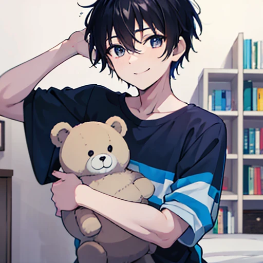 masterpiece, Highest quality, One person, Holding a stuffed bear, Upper body shot only, Black short hair, Focus on the upper body, 彼は大きなHolding a stuffed bear, He is wearing a white sweatshirt with blue stripes., Black shorts, He smiles gently., He is sleeping in bed.、Bookshelf
