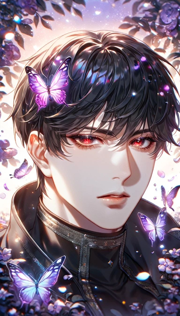 absurdres, highres, ultra detailed, HDR) master piece, best quality, extremely detailed, delicated features, Jaehwan, black hair that parts just above his left eye, expressive red eyes, Code Zero: The World After The Fall, solo, sexy man, handsome, sensual, black coat, black tight turtleneck shirt, black gloves, fantasy, magical, radiant, dust, purple flames, purple moon, purple flowers, purple butterflies, garden