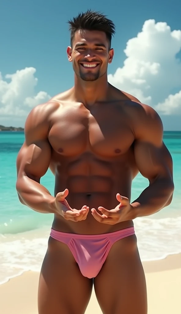 photorealistic, best quality, masterpiece, extremely detailed, sexy, homoerotic, extremely handsome, 20 year old samoan man, wearing tight speedos, big bulge, smiling, holding out both hands towards camera, walking on the beach, extremely romantic atmosphere, perfect face, perfect fingers, perfect hands, perfection