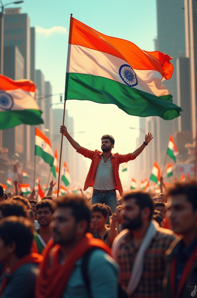 Many people walking indian flag