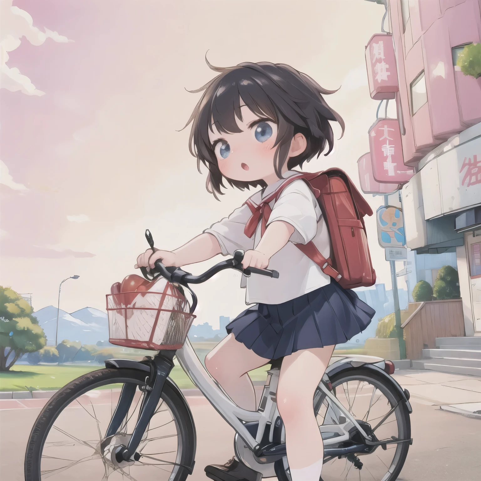 (masterpiece, Ultra-high resolution，Highest quality:1.2), reality、Very short stature， on a bicycle，alone、Junior high school girl，Summer clothes、Fluttering skirt，positive，whirlwind，Riverside at dusk、Beautiful sunset，