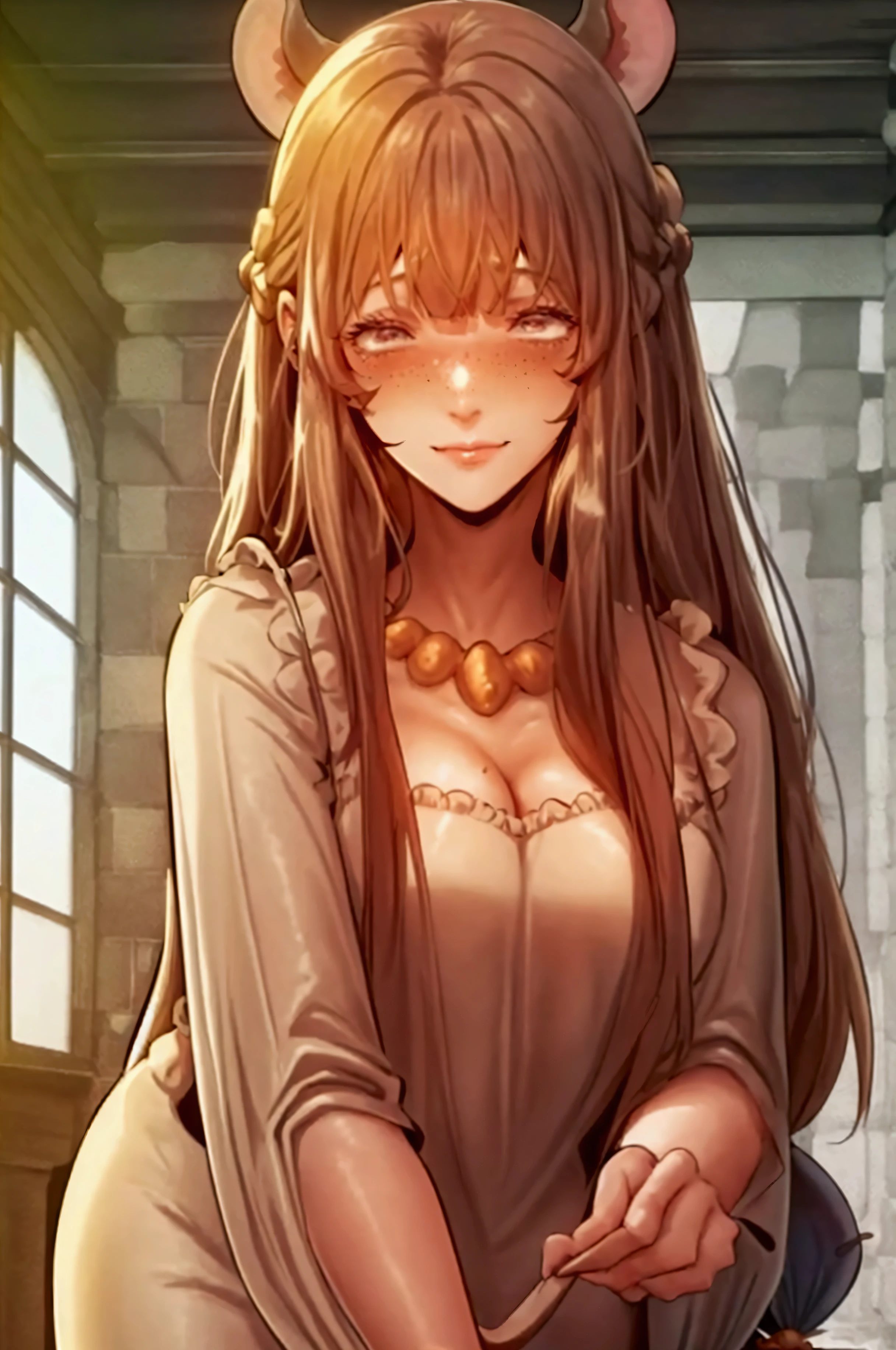 Tall woman, long straight hair, brown hair, white skin, freckles on her face, long dress, green dress, mouse ears on top of her head, mouse tail, adult woman, Turtle shell on the back, brown turtle shell, gentle smile, looking at the camera, camera from below, bottom-up views, cheerful mood.