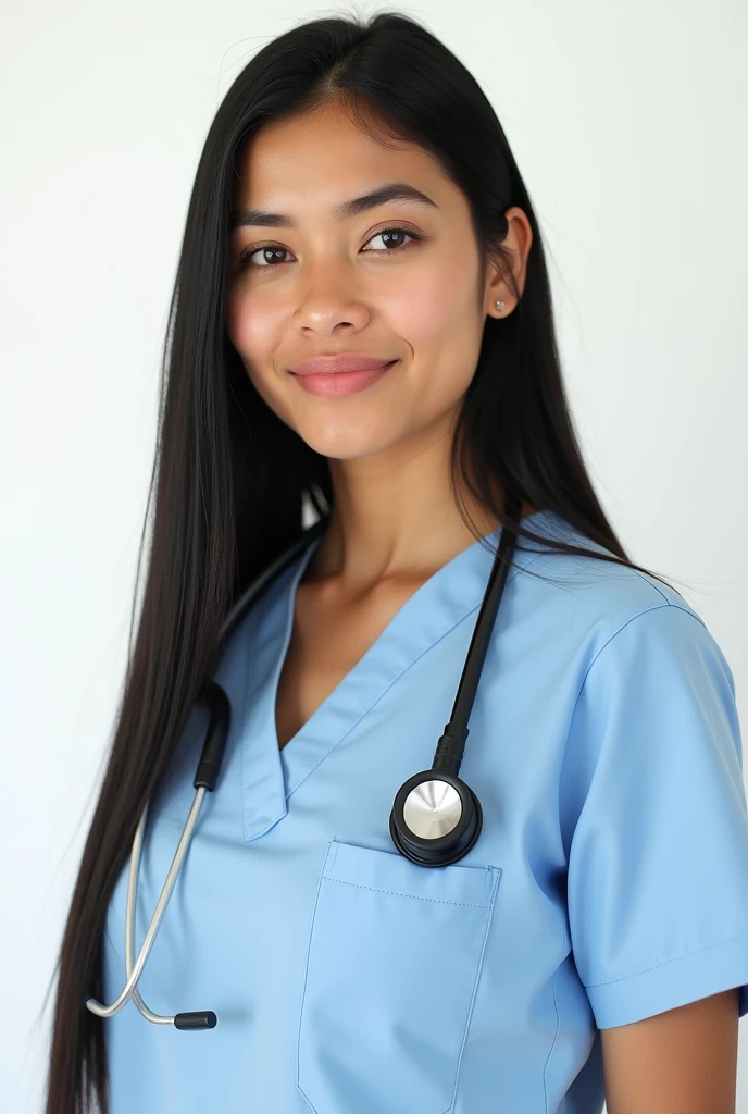 The image is a portrait style photograph showing an 18-year-old woman with long, straight black hair and a light to medium skin tone. She has a small piercing in her left nostril and is wearing light pink lipstick. She is dressed as a doctor. The background includes a white background. Of Guatemalan nationality.