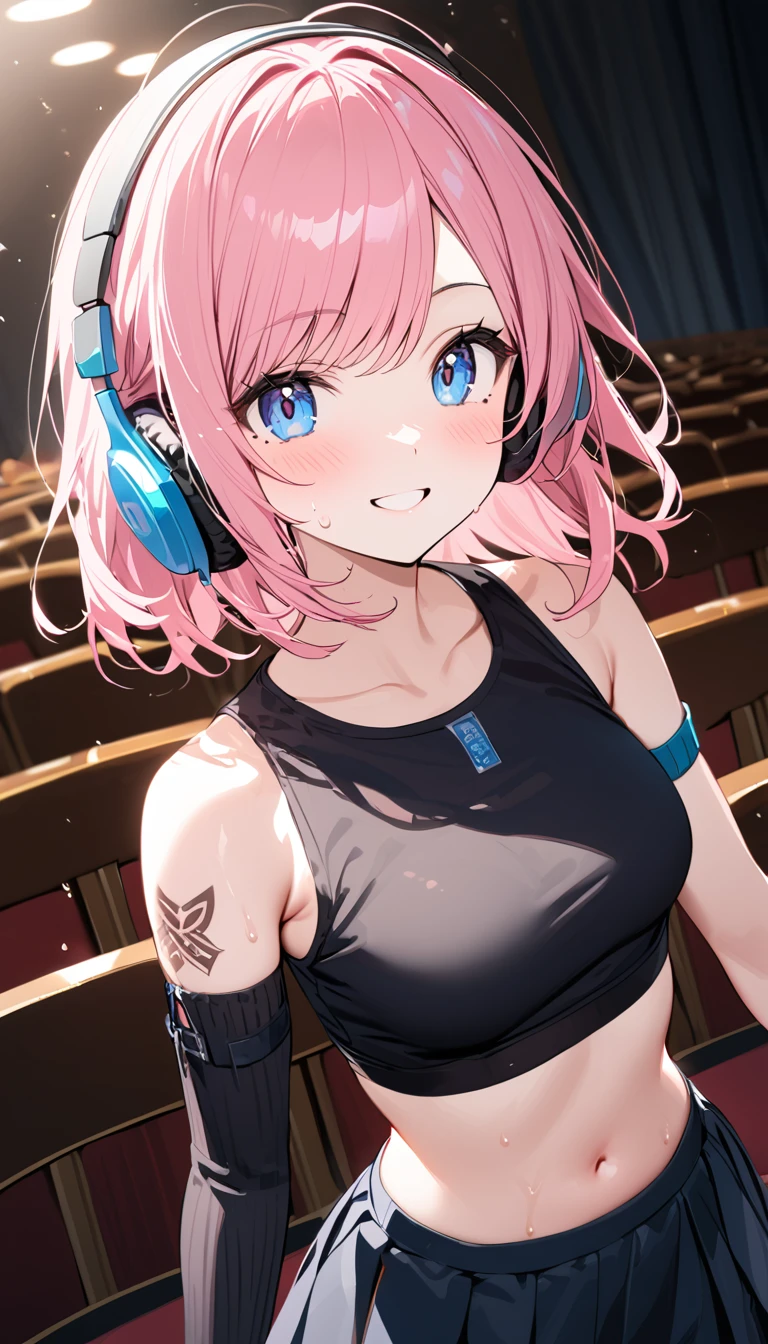 (1 girl),(Best Picture Quality, 8K, Masterpiece:1.3), (high school student:1.5), ((pink lob hair:1.3)), (flipped hair),((swept bangs)), (cute eyes, pupil black, iris skyblue, youthful face), (mole under right eye), (standard weight), (small breasts), (glistening skin:1.3),(pale skin:1.2),(sweaty skin:1.2),(Smile),BREAK arm warmers, armband, bare shoulders, black shirt, black skirt, crop top, midriff, navel, shirt, shoulder tattoo, single arm warmer, skirt, tattoo, headphones, BREAK concert hall, 