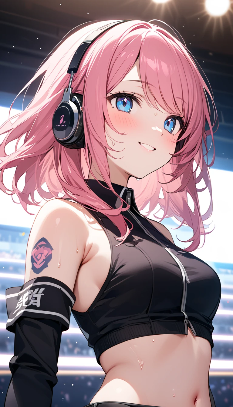 (1 girl),(Best Picture Quality, 8K, Masterpiece:1.3), (high school student:1.5), ((pink lob hair:1.3)), (flipped hair),((swept bangs)), (cute eyes, pupil black, iris skyblue, youthful face), (mole under right eye), (standard weight), (small breasts), (glistening skin:1.3),(pale skin:1.2),(sweaty skin:1.2),(Smile),BREAK arm warmers, armband, bare shoulders, black shirt, black skirt, crop top, midriff, navel, shirt, shoulder tattoo, single arm warmer, skirt, tattoo, headphones, BREAK concert hall, 