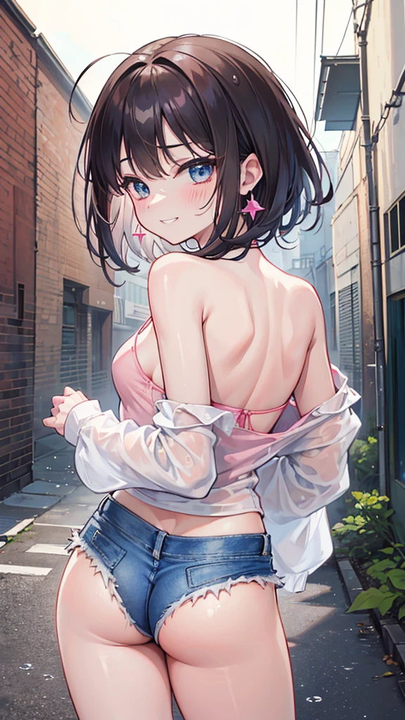 (8K、Highest image quality、best quality、masterpiece)、Detailed face、((two :2))、brown hair、short hair、brown eyes、smile、((Grinning))、earrings、((small breasts))、((pink camisole))、((Denim shorts))、Cowboy shooting、black hair、Double tail、light blue eyes、smile、((Grinning))、earrings、((small breasts))、((White camisole))、((Denim shorts))、Cowboy shooting((back alley background))、((National Science Foundation))fluid in ass、Fluid on the thighs、flowing liquid(Attractive ass:1.2),、exposed、disheveled、Clothing that fits snugly,Exposed chest、(((Wet clothing))),tube top,(((ultra-thin clothing))),(Body model),((body outline)),(Stride),grinning, blush,Hyperactive expression,Rubbing hands on crotch,raised vulva contour,saliva,
