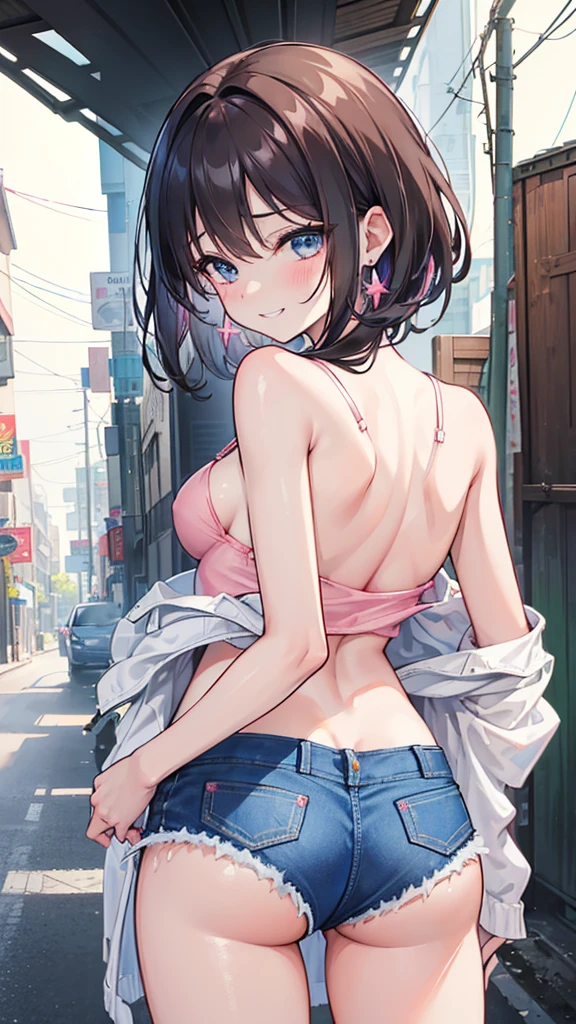 (8K、Highest image quality、best quality、masterpiece)、Detailed face、((two :2))、brown hair、short hair、brown eyes、smile、((Grinning))、earrings、((small breasts))、((pink camisole))、((Denim shorts))、Cowboy shooting、black hair、Double tail、light blue eyes、smile、((Grinning))、earrings、((small breasts))、((White camisole))、((Denim shorts))、Cowboy shooting((back alley background))、((National Science Foundation))fluid in ass、Fluid on the thighs、flowing liquid(Attractive ass:1.2),、exposed、disheveled、Clothing that fits snugly,Exposed chest、(((Wet clothing))),tube top,(((ultra-thin clothing))),(Body model),((body outline)),(Stride),grinning, blush,Hyperactive expression,Rubbing hands on crotch,raised vulva contour,saliva,