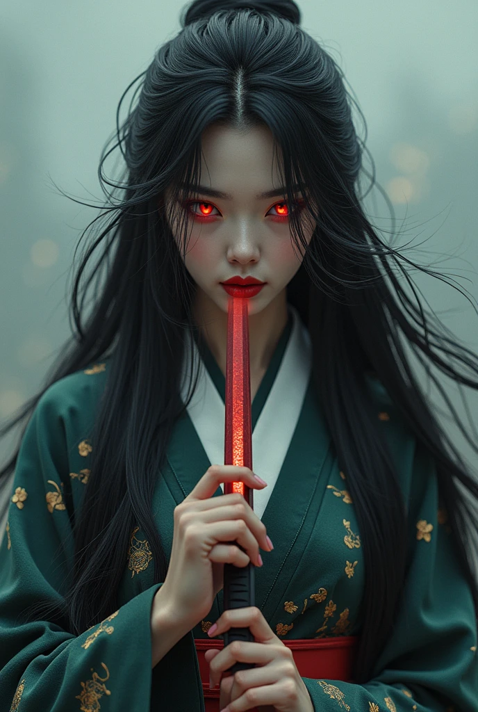 (photorealism:1.2)
An Asian geisha woman with extremely long black hair. She’s holding a high-end quality sword that seems to be fading out of reality. Her eyes are bright red.