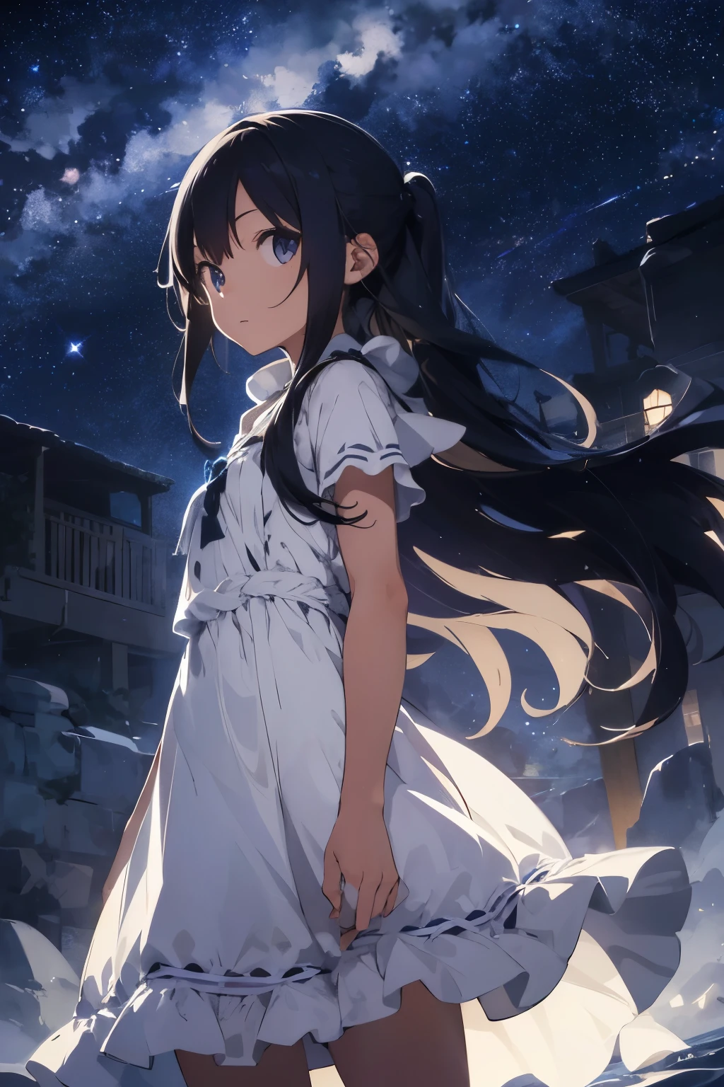 A young girl walking under the night sky. She is surrounded by a sea of stars, with a crescent moon illuminating her path. She has long flowing hair, slightly blowing in the wind, and is wearing a light, ethereal dress that glows softly in the moonlight.