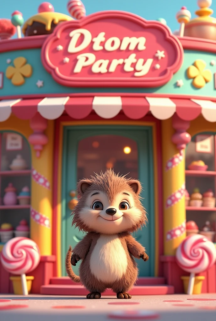 Dtom party candy store with cute porcupine mascot 

