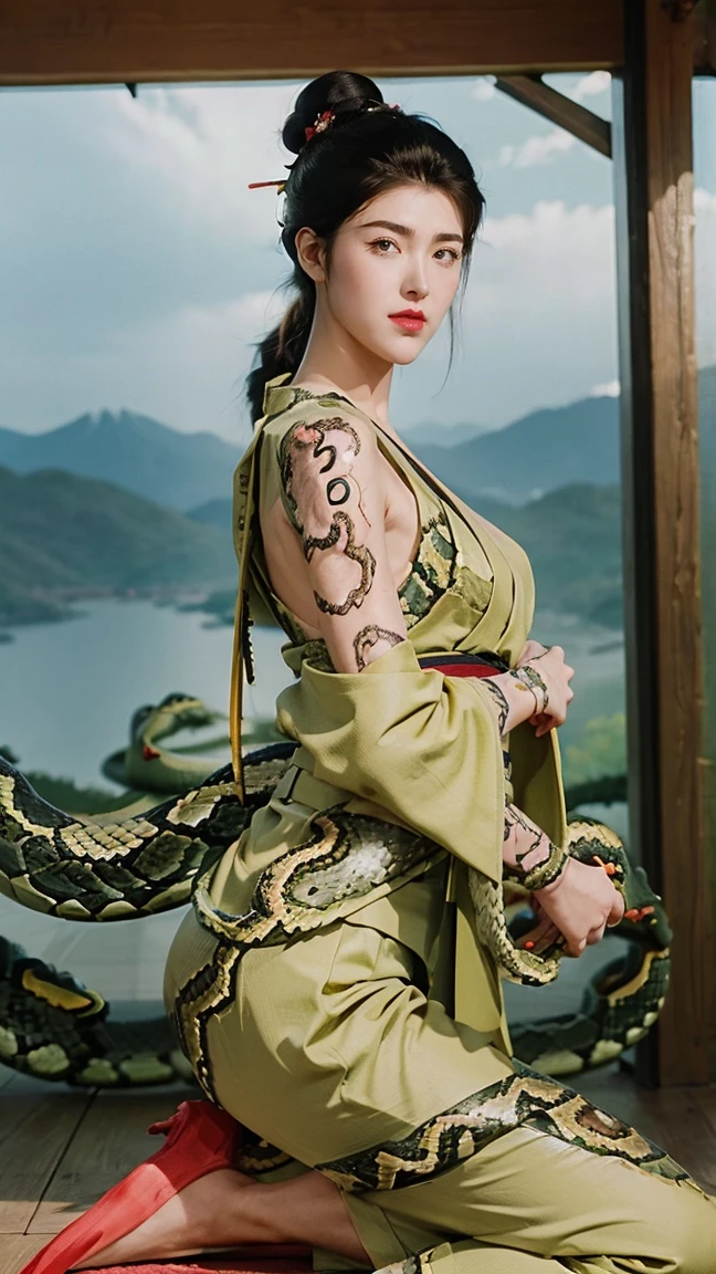 (masterpiece), best quality, expressive eyes, perfect face, Matured, Sharp eyes, HD, Benisato, kunoichi, snakes tattooed, chin, She is a tall and matured woman with a slender curvaceous build with long legs and arms, Although a ninja herself, Benisato has the appearance of a beautiful and seductive geisha, She has porcelain skin and long dark hair tied back in a coif with a hairpin and traditional comb, Benisato is covered in serpent tattoos that come alive when she uses her powers and will usually appear naked during a battle to throw off her male victims, She wears yellow traditional Japanese geisha robes, full body, pants, long sleeves, Vest, sandals, kimono, Hongli, snakes supranaturalsupranatural, smile face