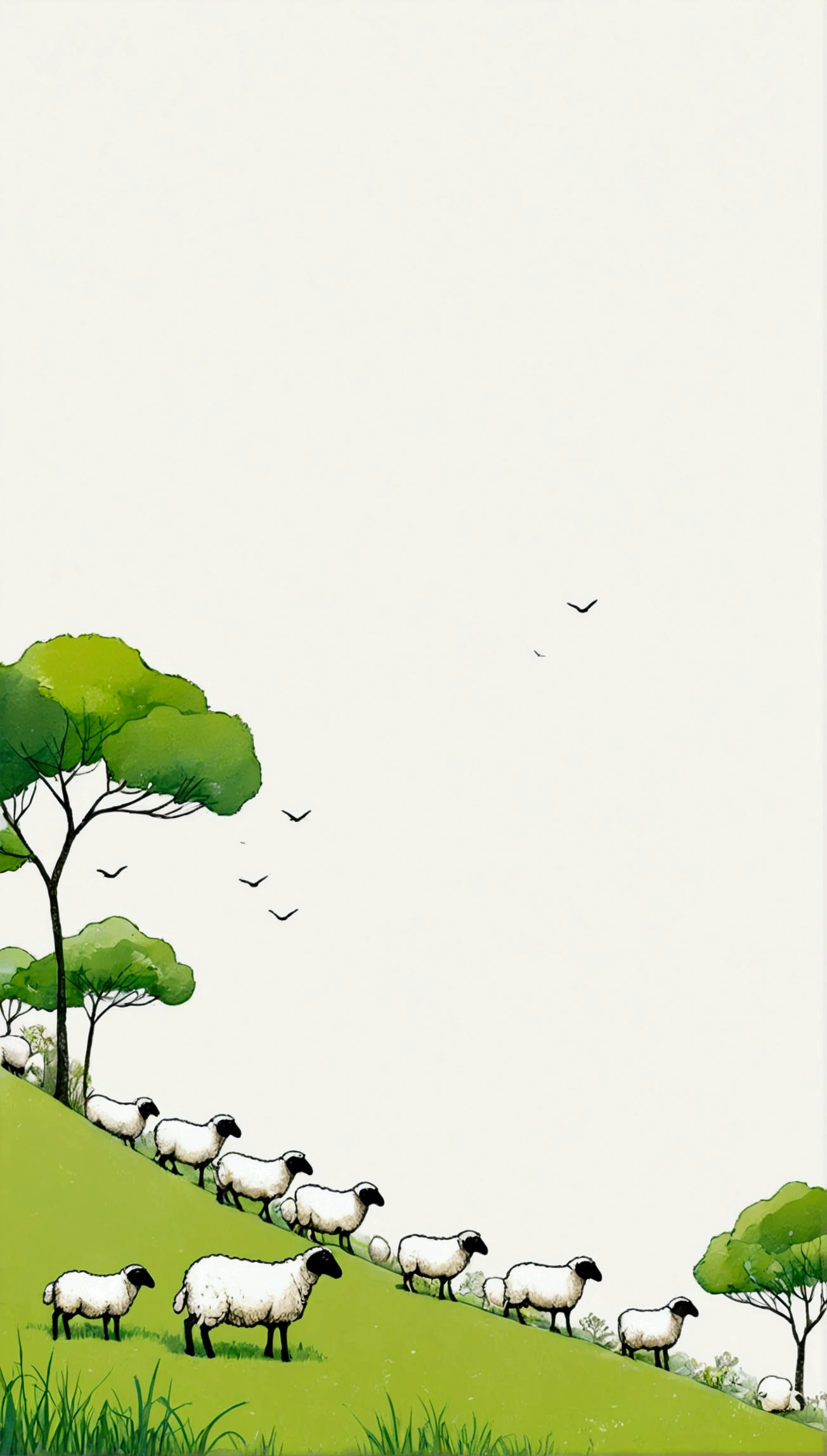 Sky accounts for 3%/4,75%Blank.中国水墨画sketch:Light Ink,Lowercase,sketch,artistic conception:2.point,sheep on grass,Minimalism,White background。(((Negative Space:2,大面积Blank:2, Bottom left composition)))