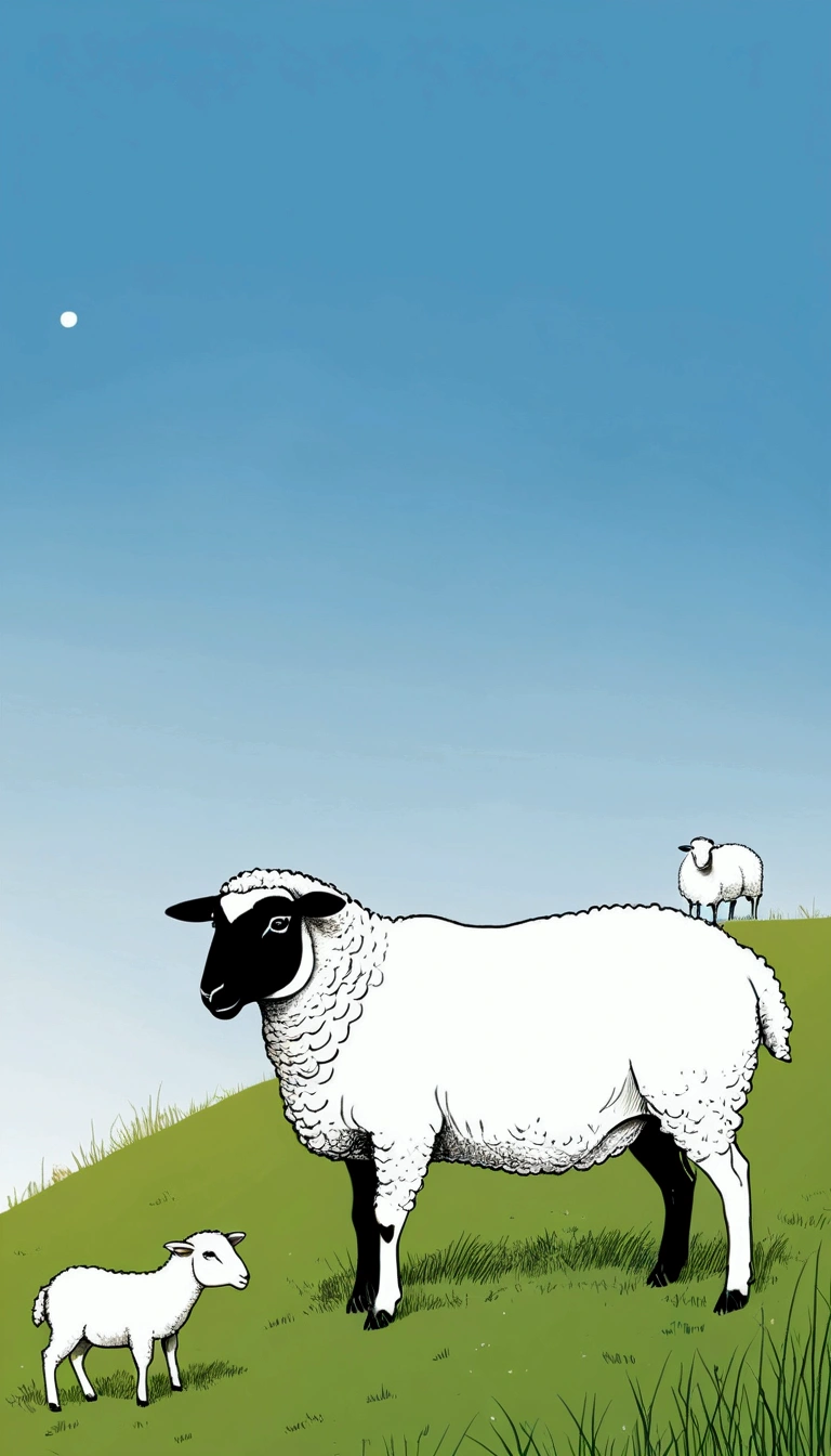Sky accounts for 3%/4,75%Blank.中国水墨画sketch:Light Ink,Lowercase,sketch,artistic conception:2.point,sheep on grass,Minimalism,White background。(((Negative Space:2,大面积Blank:2, Bottom left composition)))