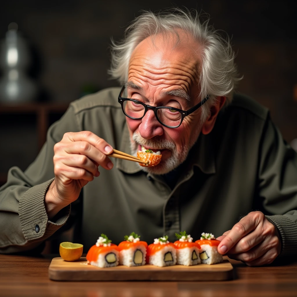 An old man eating sushi