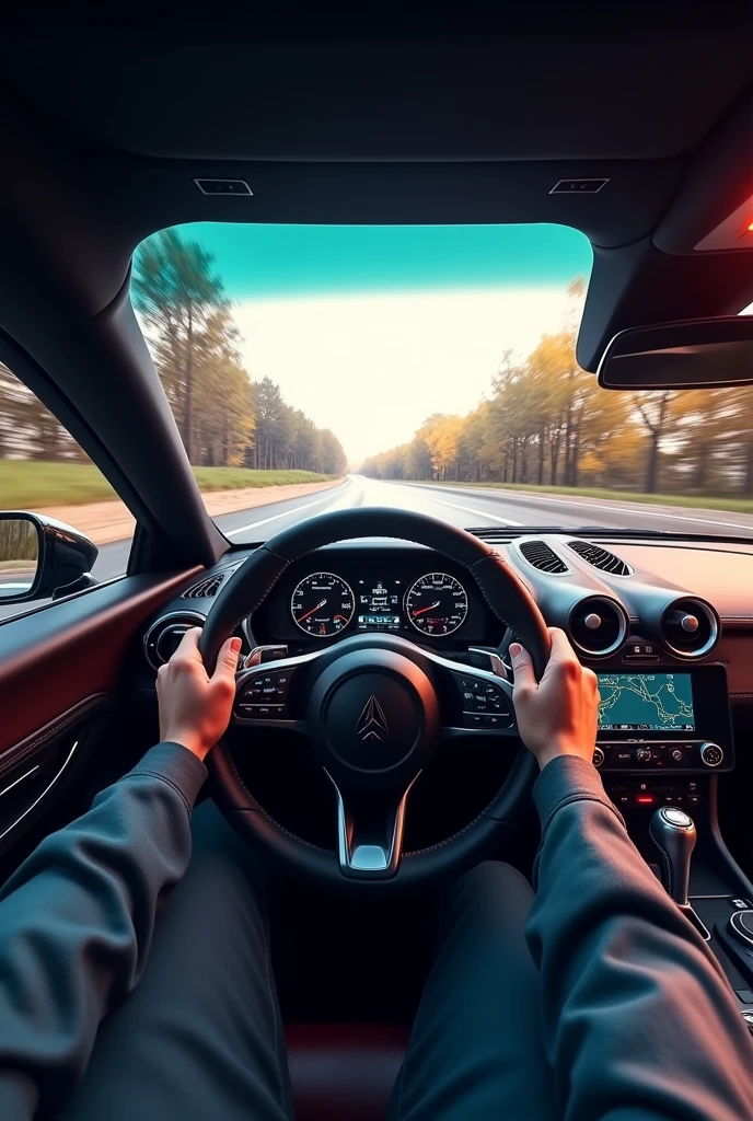 a high speed sports car driving at high speed, right driver view from steering wheel, speedometer showing very high speed, detailed car interior, fast motion blur, dynamic composition, cinematic lighting, vibrant colors, dramatic tension, photorealistic. Zoom photography, 8k, best quality