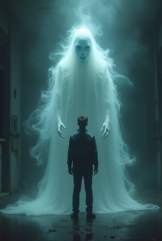 A boy talks to a ghost in a room