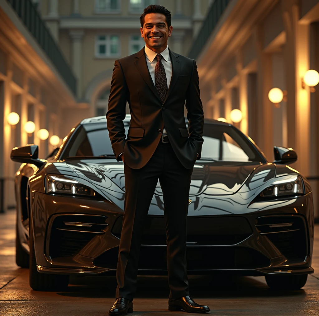 Ari stands in front of a sleek, high-end sports car, revving the engine with a devilish grin.,Entourage,Ari Gold, the fictional talent agent from “Entourage,” is known for his sharp, polished appearance, often seen in designer suits that complement his fast-paced, high-powered lifestyle in Hollywood. He has a confident, assertive demeanor, characterized by his brisk walk and intense, focused expressions.