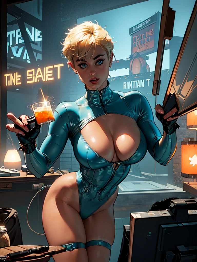 (best qualityer)), ((work of art)), (detailded: 1.4), (absurdrez), Stefania Ferrario as fighter pilot ready for war, White leather cyberpunk clothes, with spectacular abstract designs, defined muscular sculptural body, half thick bare thighs, mouth between open, generous neckline, ((perfect large breasts)), (alluring blue eyes), ((white and orange clothes)), (((short blonde hair)))), long black eyelashes heavy makeup, close to real, pose sexy, fractal background, 2 piece outfit, cake, centred, scale to fit dimensions, HDR (high-range dynamics),ray tracing,nvidia RTX,Super-resolution,Irreal 5, underground dispersal, PBR Texture, Post-processing, Anisotropic filtering, Depth of field, Maximum clarity and sharpness, Multilayer textures, Albedo and Mirror Maps, Surface shading, Accurate simulation of light-material interaction, perfect proportions, octane rendering, two tone lighting, large aperture, Low ISO, White balance, rule of thirds, 8k cru, traje cristiano