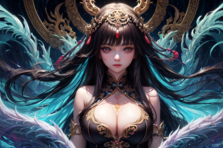 Chinese goddess in beautiful attire,(masterpiece, Highest quality, Highest quality, Official Art, beautifully、aesthetic:1.2), (One person), Very detailed, (Fractal Art:1.3), colorful, Most detailed, Perfect Face, Upper Body, High resolution, Impressive visuals, Vibrant colors, Black Hair,Long Hair,Swept-apart bangs,Glowing Skin,Provocative face,Perfect Face,Huge breasts