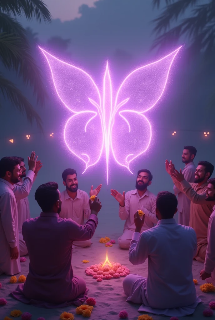 A floating name "Shubha" is coloured violet and it is glowing. Some mens are throwing flower to the name.