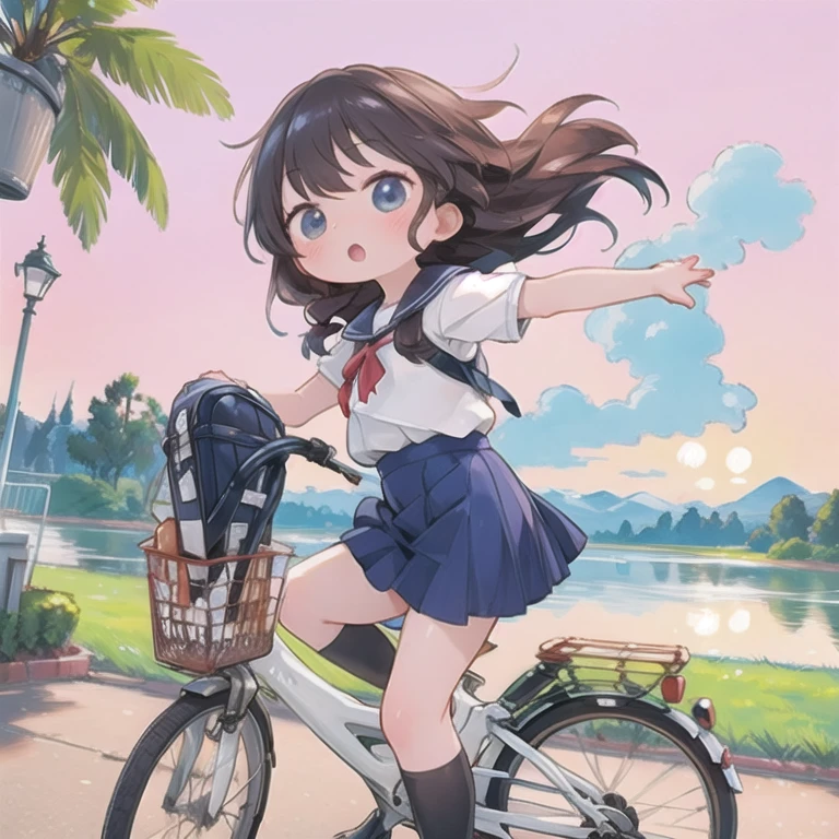 (masterpiece, Ultra-high resolution，Highest quality:1.2), reality、Very short stature， on a bicycle，alone、Junior high school girl，Summer clothes、Fluttering skirt，positive，whirlwind，Riverside at dusk、Beautiful sunset，