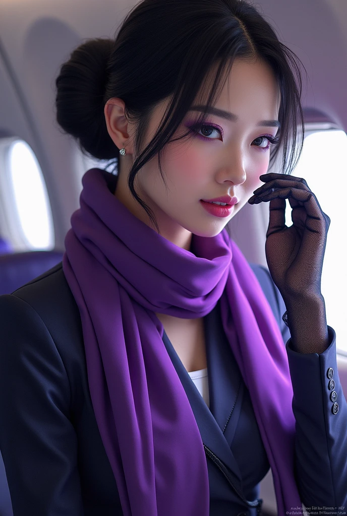 dressed in a flight attendant uniform with a black hair long hair bun and a purple scarf.、A Japanese woman with heavy purple eyeshadow、wearing long lace gloves