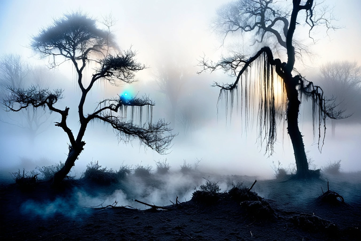 Melancholy Mists:1.3, enveloped by gentle, melancholic layers of charcoal fog, evoking the introspective beauty of memories past in the delicate unfurling ash tendrils