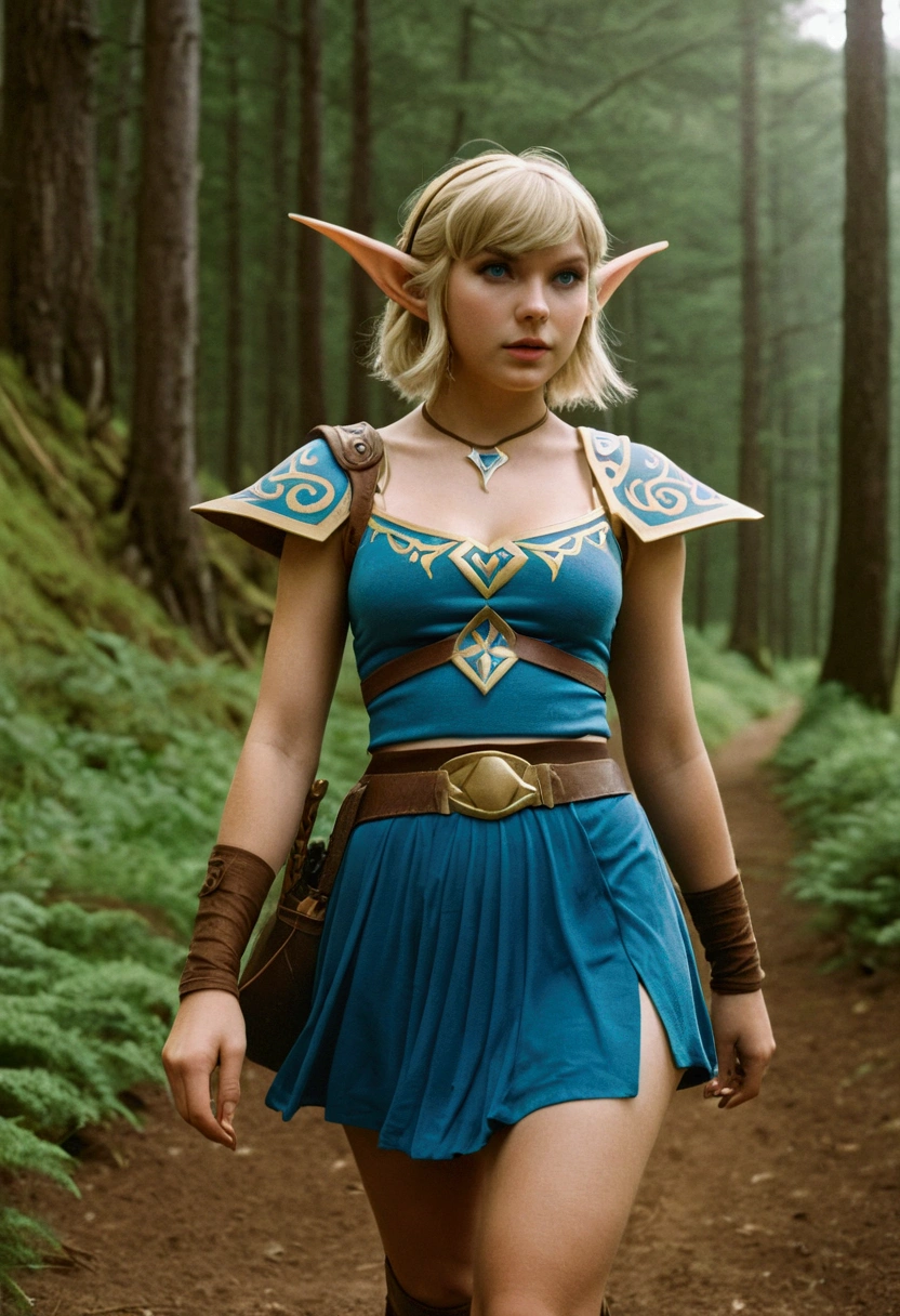 analog film photo, photo of a Hylian girl, elf ears, azure eyes, messy blonde bob cut, tan complexion, tall stature, voluptuous hourglass figure, full hips, plump round buttocks, wearing a bralette and a battle skirt, strolling through Hyrule's wilderness, resembles Taylorr Swift, RAW Photograph, dslr, soft lighting, high quality, film grain, Fujifilm XT3, detailed skin with visible pores, insane details, masterpiece, 8k, 35mm photograph, dslr, kodachrome, faded film, desaturated, grainy, vintage, Lomography, stained, highly detailed, found footage, close-up shot, elven ears