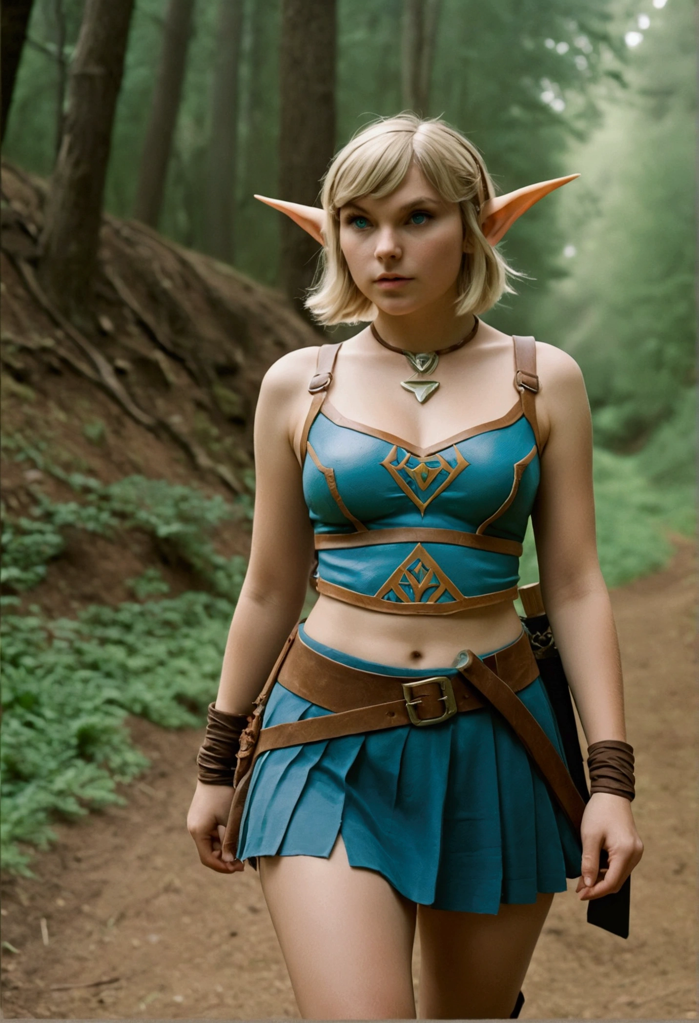 analog film photo, photo of a Hylian girl, elf ears, azure eyes, messy blonde bob cut, tan complexion, tall stature, voluptuous hourglass figure, full hips, plump round buttocks, wearing a bralette and a battle skirt, strolling through Hyrule's wilderness, resembles Taylorr Swift, RAW Photograph, dslr, soft lighting, high quality, film grain, Fujifilm XT3, detailed skin with visible pores, insane details, masterpiece, 8k, 35mm photograph, dslr, kodachrome, faded film, desaturated, grainy, vintage, Lomography, stained, highly detailed, found footage, close-up shot, elven ears