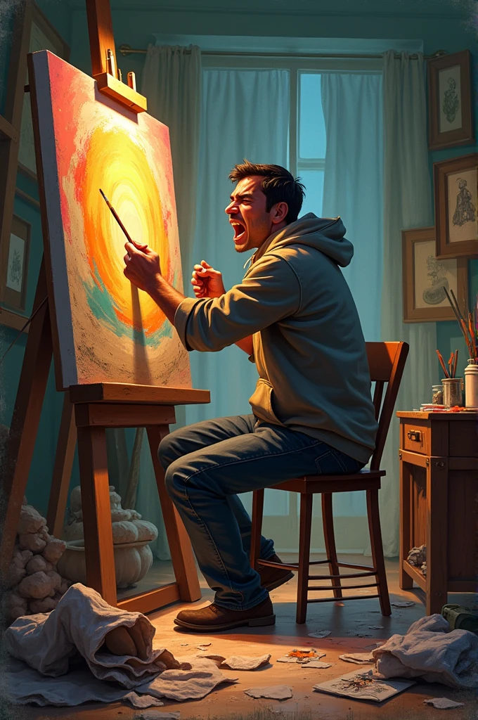 miguel, a passionate artist of temperament, found himself in a state of complete frustration. His latest painting wasn't turning out the way he envisioned, and anger consumed him. 